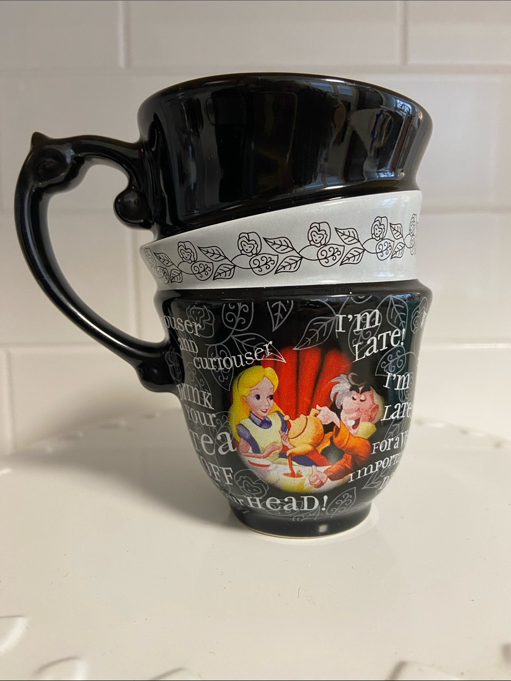 Disney Parks Black and White Alice in Wonderland Mad Hatter Faux Stackable Mug